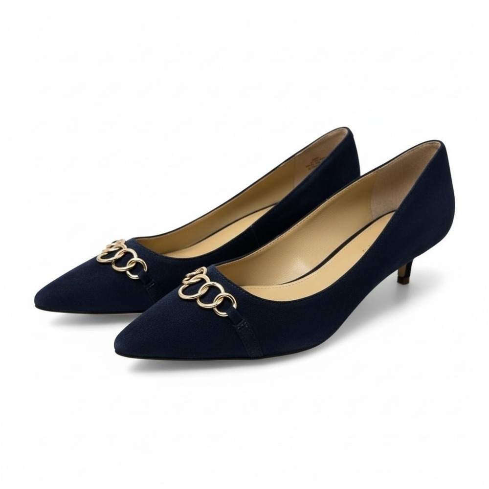 Talbots‎ Navy Suede Kitten Heels Gold Chain Detail Women's Size 9.5M - Picture 2 of 11